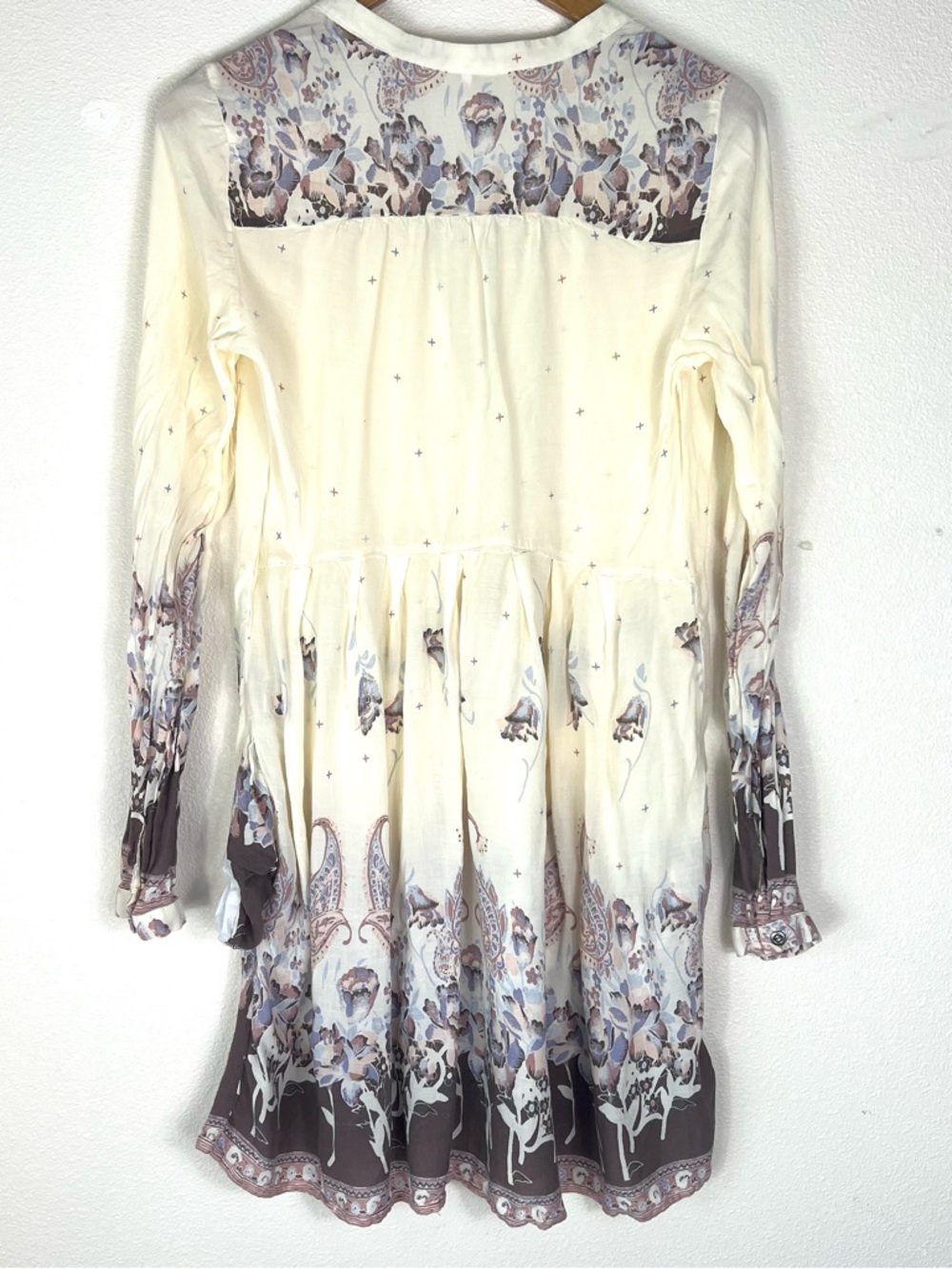 Free People Sierra Valley floral cream purple long sleeve mini dress size M - Picture 9 of 10